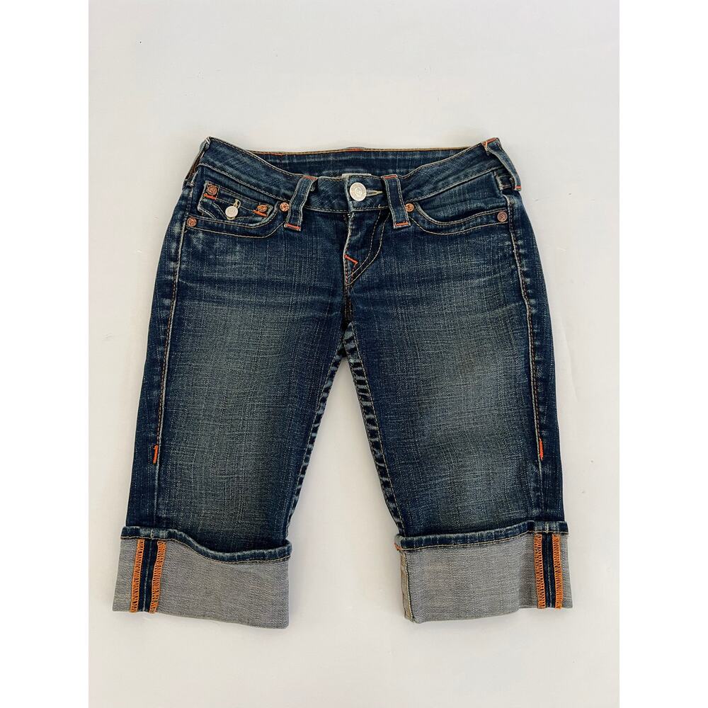 True Religion Low Rise Cuffed Dark Blue Cropped Jean Shorts Womens 24 READ y2k